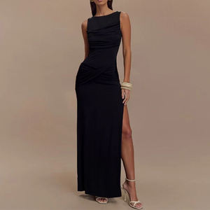 Nuevo Vestido Maxi de Verano Liso para Fiesta de Noche, con Hombro Descubierto, Sin Espalda, Sin Mangas, Plisado, con Abertura, Ajustado, Sexy e Informal para Mujer - Product Image 2