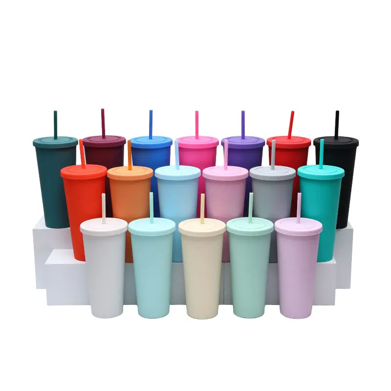 STARLII gelas Tumbler plastik warna Matte akrilik dinding ganda 24oz anti bocor cetak UV dengan tutup dan sedotan