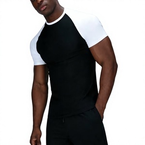 Men's Black White Raglan-Sleeve O-Neck T-Shirt Regular Fit Casual Knitted 100% Cotton Breathable Solid Color Short Sleeve - Product Image 1