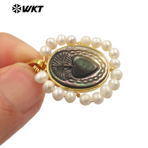 WT-JP254 Chaude à la main sculpté coquille blanche Sacré Coeur pendentif femmes fil enroulé avec perle charme en Marie coeur coquille - Product Image 6