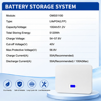Système de stockage mural de batterie au phosphate de fer et de lithium 51,2 V 100 Ah 5,12 kWh, affichage direct usine, pour usage domestique, réseau hybride, IP20
