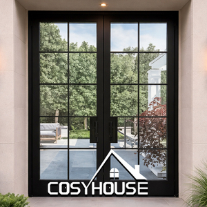 Porte d'entrée double en verre à grille noire de style français moderne pour maison - Product Image 1