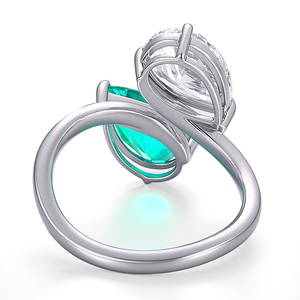 Bague en or blanc véritable avec deux pierres, diamant de laboratoire taille poire et émeraude de laboratoire, fabrication sur mesure Provence Jewelry, cadeau pour petite amie - Product Image 2