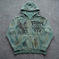 Hoodie Oversize Y2K Grunge Lavé avec Strass et Motif Hannya, Impression Personnalisée, Fournisseur de Vêtements OEM ODM pour Marques Privées