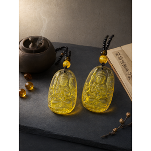 Colgante de Citrino del Bodhisattva Manjushri de la Sabiduría con Mala de Cuentas Amarillas y Negras: Un Símbolo de Claridad, Conocimiento y Abundancia - Product Image 3