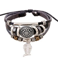 Bracelet en cuir avec breloque en os de poisson pour hommes et femmes, bracelet multi-couches en alliage d'argent antique perlé, noir