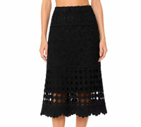 Jupe mi-longue noire taille haute élastique en crochet de polyester pour femme, style bohème, tendance, élégante, idéale pour les vacances d'été, vente en gros, avec logo personnalisé