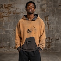 Ensemble de sweat-shirts JUSHENG orange rouillé délavé avec détails déchirés, ensemble deux pièces streetwear unisexe, vente en gros