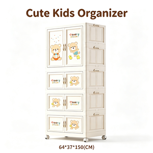 Armadio Pieghevole in Plastica a 4 Ripiani <span class=keywords><strong>con</strong></span> Ruote, Organizzatore per Bambini <span class=keywords><strong>con</strong></span> Disegni Cartoon, per Soggiorno, Angolo Gioco, Vestiti, Cameretta - Product Image 2