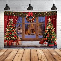 Toile de fond de Noël personnalisable : Fenêtre, sapin, boîtes cadeaux, rideau rouge, fond photographique enneigé, bannière décorative pour fête