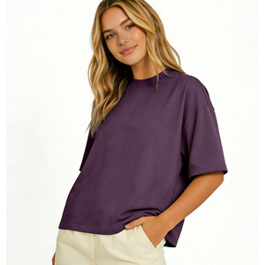 T-Shirt Oversize in Misto Cotone e Poliestere, Tinta Unita, Alta Qualità, Abbigliamento Casual da Donna - Product Image 4