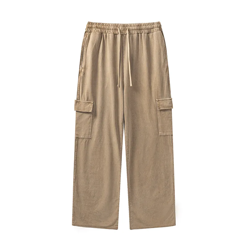 Pantalon mince multi-poches pour hommes Pantalon cargo droit ample Pantalon décontracté à bords bruts lavés en coton 100%