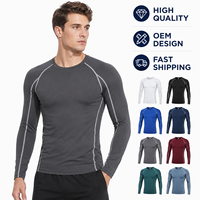 T-shirt de compression à manches longues pour homme, col rond, rayures contrastées, personnalisable OEM, séchage rapide, respirant, pour la course, la gym et l'entraînement