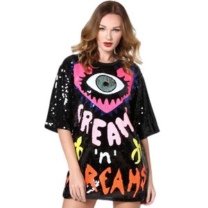 Femmes Mode Glitter Sequin Eye Manches Courtes Lâche Long T Dree Sequin Jersey Basketball - Product Image 1