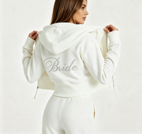 Ensemble de survêtement pour femme de luxe en molleton de coton de haute qualité, personnalisé OEM, avec strass, coupe ajustée, 2 pièces : sweat à capuche zippé court et pantalon de jogging