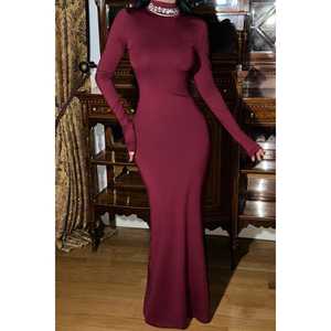 Robe de bal vintage bordeaux à manches longues, motif brodé, taille empire, taille naturelle XL, en polyester, longueur maxi, pour soirée - Product Image 4