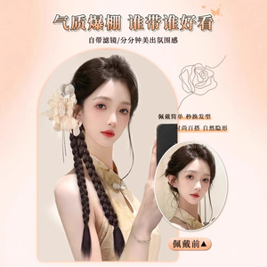 Perruque tressée élégante motif papillon et fleur avec double queue de cheval à pampilles pour femme, style jeune et délicat, en fibre haute température, avec pince à cheveux - Product Image 3