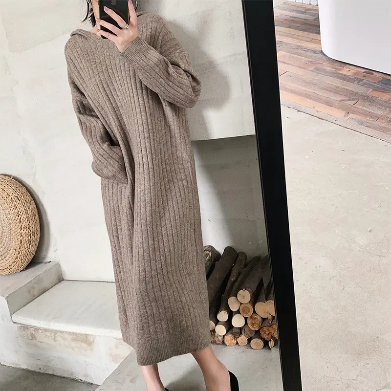 Sweater Maxi Mantel Panjang Tebal Bertudung Longgar Rajutan Musim Gugur/Dingin 2020 Gaun Wanita