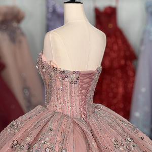 Vestido de Quinceañera Rosa Claro Dy6955, Estilo Princesa con Cola Capilla, Satén Bordado, Encaje, Cuentas, Apliques y Volantes, Cintura Natural Moderna - Product Image 2