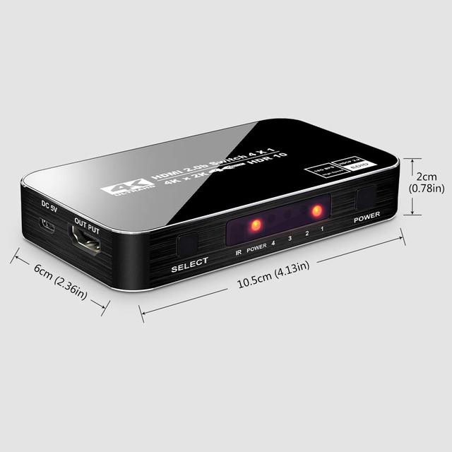 4K HDR 4 Ports 4K 60Hz 4X1 HDMI Switch 2.0 Switcher Selector with IR Wireless Remote Supports HDCP 2.2 Ultra HD Vision
