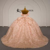 Gaun Quinceanera Jancember LSDZ011 Warna Rose Gold Cantik dengan Aksen Kristal dan Bunga di Bagian Bahu
