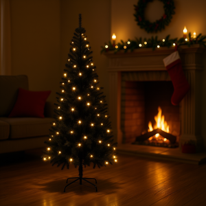 Árbol de Navidad de PVC Negro de 70.9 Pulgadas con 300 Luces LED Blanco Cálido, Decoraciones Festivas - Product Image 2