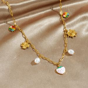 Collar de Acero Inoxidable con Colgante de Corazón de Fresa y Goteo de Aceite, Chapado en <span class=keywords><strong>Oro</strong></span>, con Perla de Girasol y Múltiples Colgantes, Joyería al por Mayor - Product Image 3