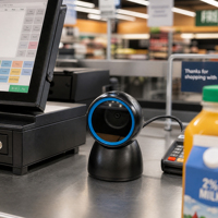 EDOO D43 Scanner de codes QR omnidirectionnel mains libres pour supermarché, scanner de codes-barres 1D 2D de bureau pour la gestion des stocks en supermarché