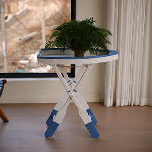 Mediterranean Style Solid Wood Boat Shaped <b>Folding</b> Coffee <b>Table</b> With Blue Trim Pine Material - Product Image 1