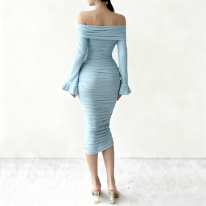 Abiti Casual personalizzati blu chiaro con spalle increspate manica a campana <span class=keywords><strong>abito</strong></span> Midi per le donne Sexy Slim - Product Image 2