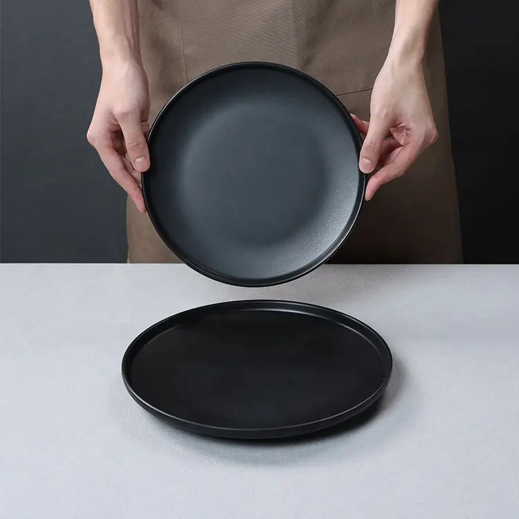 Pratos redondos pretos e brancos personalizados para jantar, pratos de melamina, conjunto de louça de plástico inquebrável para restaurante, fabricante