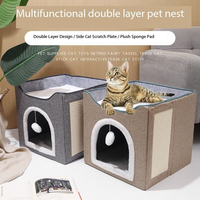 Lit pour chat à double couche, pliable, détachable, lavable, avec porte arquée et griffoir en sisal, pour chats de petite et moyenne taille, usage intérieur