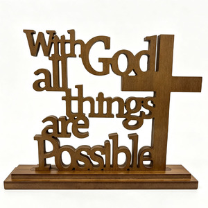 Plaque en bois « Avec Dieu, tout est possible », verset biblique Matthieu 19:26 avec support, décoration en forme de croix découpée au laser - Product Image 1