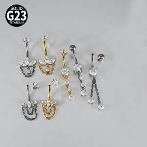 Nouvelles bagues de nombril incurvées en titane ASTM F136 plaqué zircon marquise avec chaîne, filetage interne - Product Image 2
