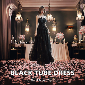 2026 New Bride Toast Dance Dinner Tube Top Floral Print Breathable Floor-Length Mermaid Gown Black Evening Dress - Product Image 2