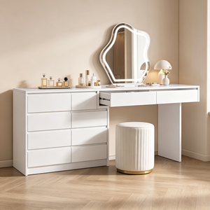 Coiffeuse moderne blanche avec miroir LED, meuble de rangement et tabouret pour chambre à coucher - Product Image 3