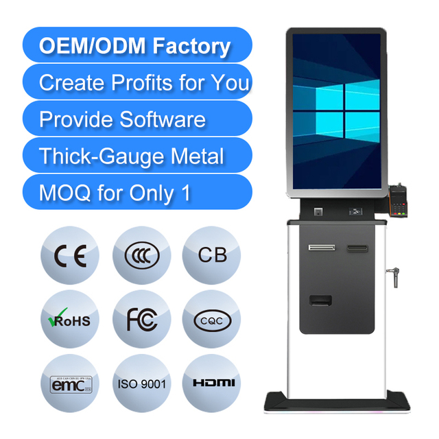 For 27/32 Inch Self Service POS Payment Kiosk with Cash/Card Acceptance SDK Capacitive Touch Screen Metal Case