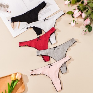 <span class=keywords><strong>Perizoma</strong></span> da donna a tinta unita in cotone a costine a vita bassa con volant e fiocco, intimo morbido e traspirante - Product Image 1