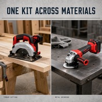 Ensemble d'outils sans fil prêt pour l'atelier avec meuleuse d'angle, scie sauteuse, perceuse et lampe de travail pour l'aménagement de la salle d'outillage et les tâches de montage de bancs de travail