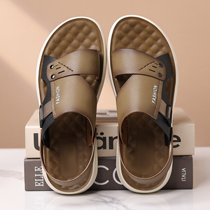 Men's <b>Sandals</b> Slides Thick Sole Rubber Bottom Comfortable Breathable For Walking And Driving Black Khaki - Product Image 3