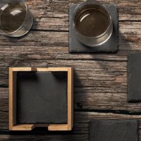 Lot de 4 sous-verres classiques minimalistes en ardoise noire avec support en pierre, design personnalisé, écologique, impression laser/UV, résistant à la chaleur