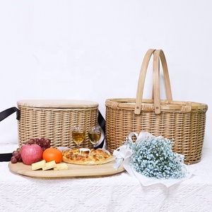 Nhỏ Bãi Biển Hình Bầu Dục Vòng Wicker Mây Picnic Gift <span class=keywords><strong>Basket</strong></span> Set Cách Nhiệt Cooler Bag Gỗ Nắp Xử Lý Dã Ngoại <span class=keywords><strong>Basket</strong></span> Bảng Với Nắp - Product Image 6