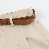 Pantalon décontracté plissé beige à fermeture éclair et ceinture, longueur mollet, pour femme