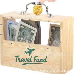 Hucha de madera portátil con asa, caja de ahorro familiar de emergencia, caja reutilizable para monedas y billetes - Product Image 5