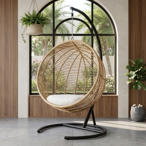 Fauteuil suspendu en rotin tressé de luxe pour l'extérieur, avec siège rembourré et structure thermolaquée, idéal pour patio, jardin, resort, bord de piscine - Product Image 5