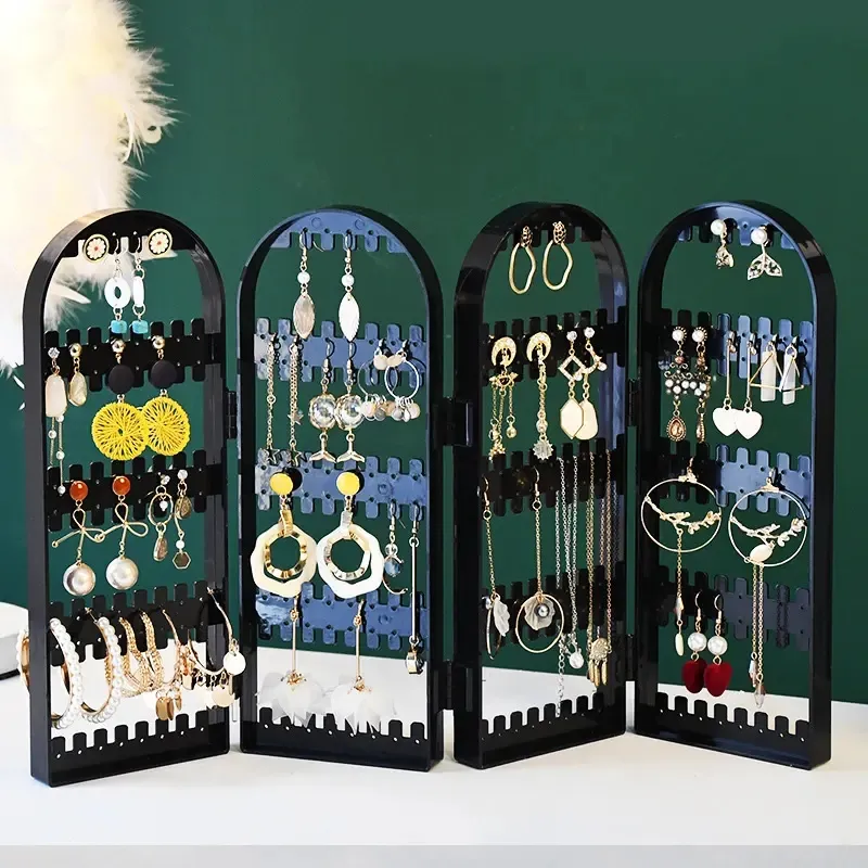 4 Doors Transparent Plastic Earring Stud Storage Organizer Box Necklace Chain Display Stand Rack Clear Jewelry Display Hold