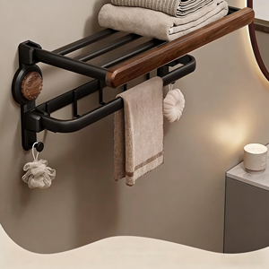 <span class=keywords><strong>Porte</strong></span>-serviettes en bois de noyer à <span class=keywords><strong>ventouse</strong></span>, fixation sans perçage, étagère murale solide pour salle de bain, organisateur de serviettes pour salle de bain - Product Image 1