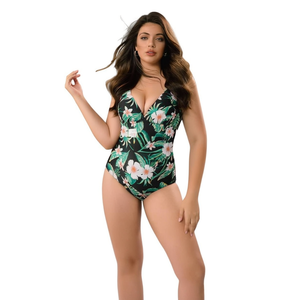 Costume da bagno intero HDJ Plus Size con stampa floreale, scollo a V profondo, controllo della pancia, vita alta, costume da bagno da donna BZ77107 - Product Image 1