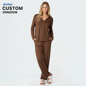 Pigiami Personalizzati per Donne, Set Camicia e Pantaloni in <span class=keywords><strong>Cotone</strong></span> Organico e Spandex, Abbigliamento da Notte, Completo 2 Pezzi per Relax e Sonno - Product Image 1