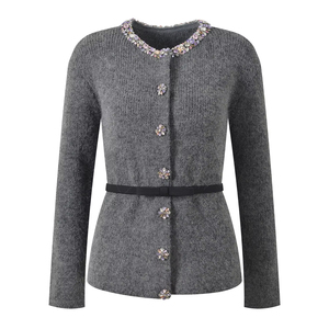 Cárdigan de Punto para <span class=keywords><strong>Mujer</strong></span>, Diseño Elegante, Cuello Redondo, Manga Larga, Color Sólido, con Cinturón, Fabricación de Alta Calidad - Product Image 1